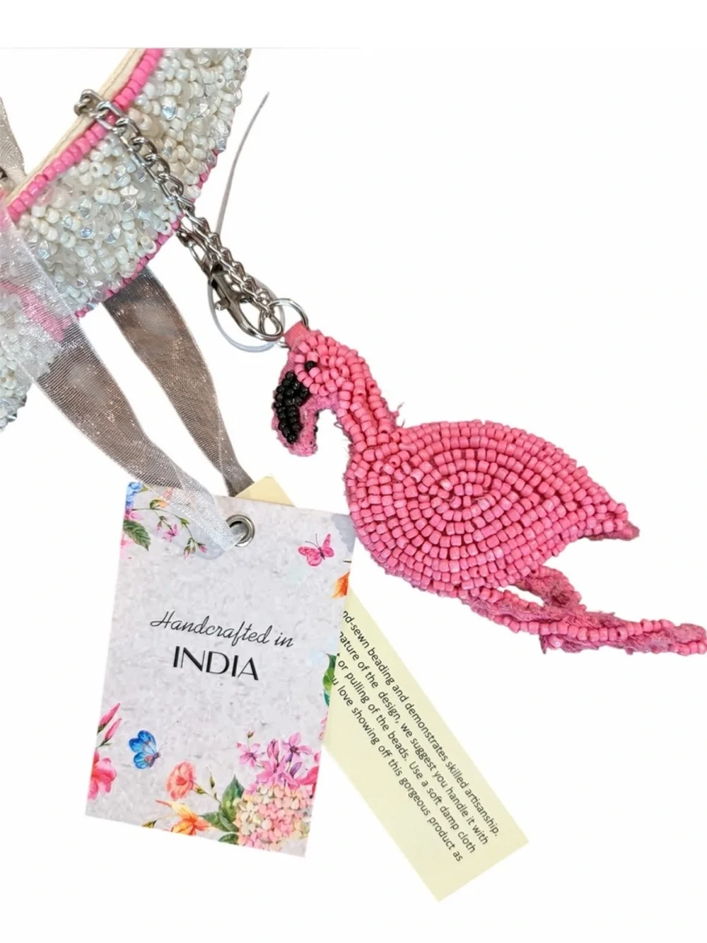 Hand Crafted Beaded Flamingo Shoulder Bag in Pink and Cream